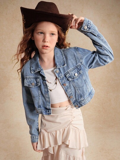 Tween Girls Y2K Style Vintage Medium Wash Blue Denim Cropped Fitted Denim Jacket And Coat, Soft And Comfortable Fabric, Streetwear Fashion Versatile, Girls Denim Jacket
