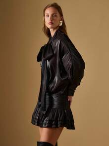Briarwyn Women's Solid Color Tie Neck Long Sleeve Elegant Ruffle Hem Short Dress,Black Dress, Fall Dresses For Women,Elegant Dress,Luxury Dresses For Women,Fall Dresses For Women,New Year Dress ,Christmas Clothes For Women Old Money Style Women,Halloween Costume For Women - Black - View 3