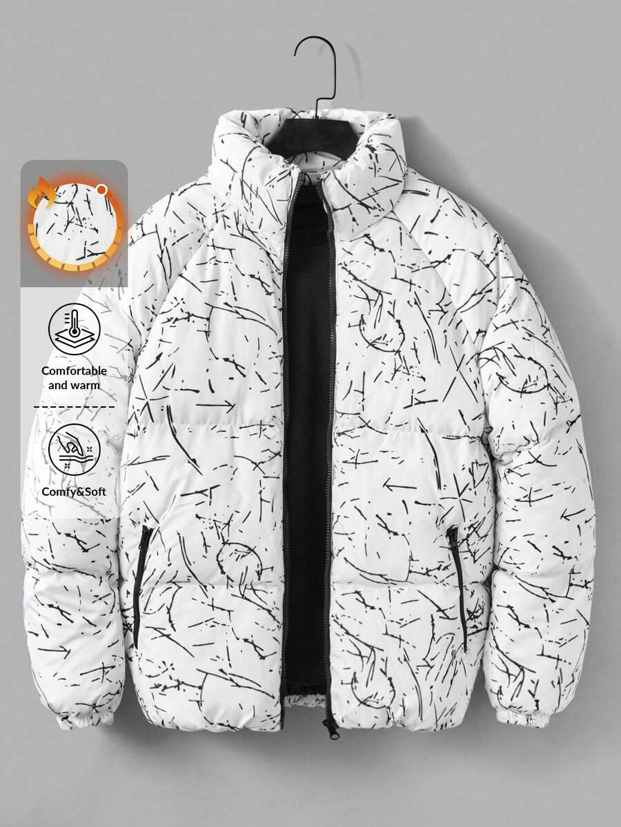 EURMUSE Men Allover Print Slant Pockets Puffer Coat - White - View 1