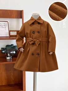 SHEIN Baby Girl Khaki Thermal Lined Long Coat With Lapel Collar, Casual & Cute, Autumn/Winter - Brown - View 7
