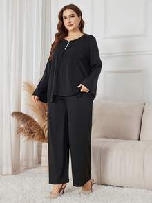 Lacomfia 2pcs/Set Plus Size Solid Color Round Neck Long Sleeve Top And Elastic Waist Wide Leg Pants, Casual Outfit For Spring/Autumn - Black - View 6