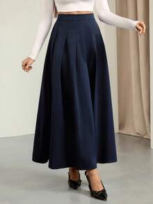 SHEIN Tall Váy dài đi làm thanh lịch xếp ly màu trơn cho nữ, phong cách thường ngày mùa thu đông, Lễ Tạ ơn, thường ngày, váy thanh lịch, phong cách công sở đi làm - Màu xanh lam - Xem 1