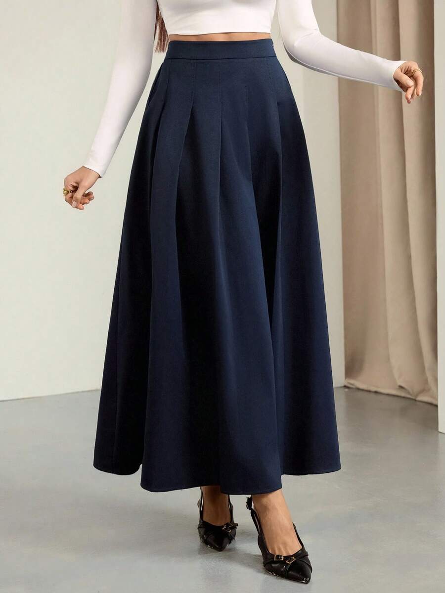 SHEIN Tall Váy dài đi làm thanh lịch xếp ly màu trơn cho nữ, phong cách thường ngày mùa thu đông, Lễ Tạ ơn, thường ngày, váy thanh lịch, phong cách công sở đi làm - Màu xanh lam - Xem 1
