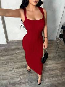 SHEIN SXY Women's Khaki Elegant Minimalist Square Neck Sleeveless Fitted Maxi Dress, Professional/Office/Commute/Formal Wear Bodycon Midi Dress Bandage Dress For Women Bodycon Summer Dress,Dresses For Women Party,Christmas