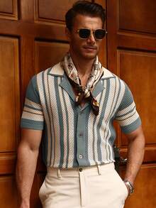 Manfinity Homme 男士条纹翻领短袖单排扣针织上衣