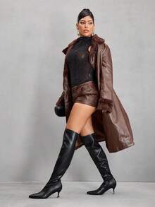 CUCCOO SZL 女士秋冬新款白色时尚超高过膝靴，百搭尖头小猫跟优雅简约弹力过膝靴 - 黑色 - 查看 10