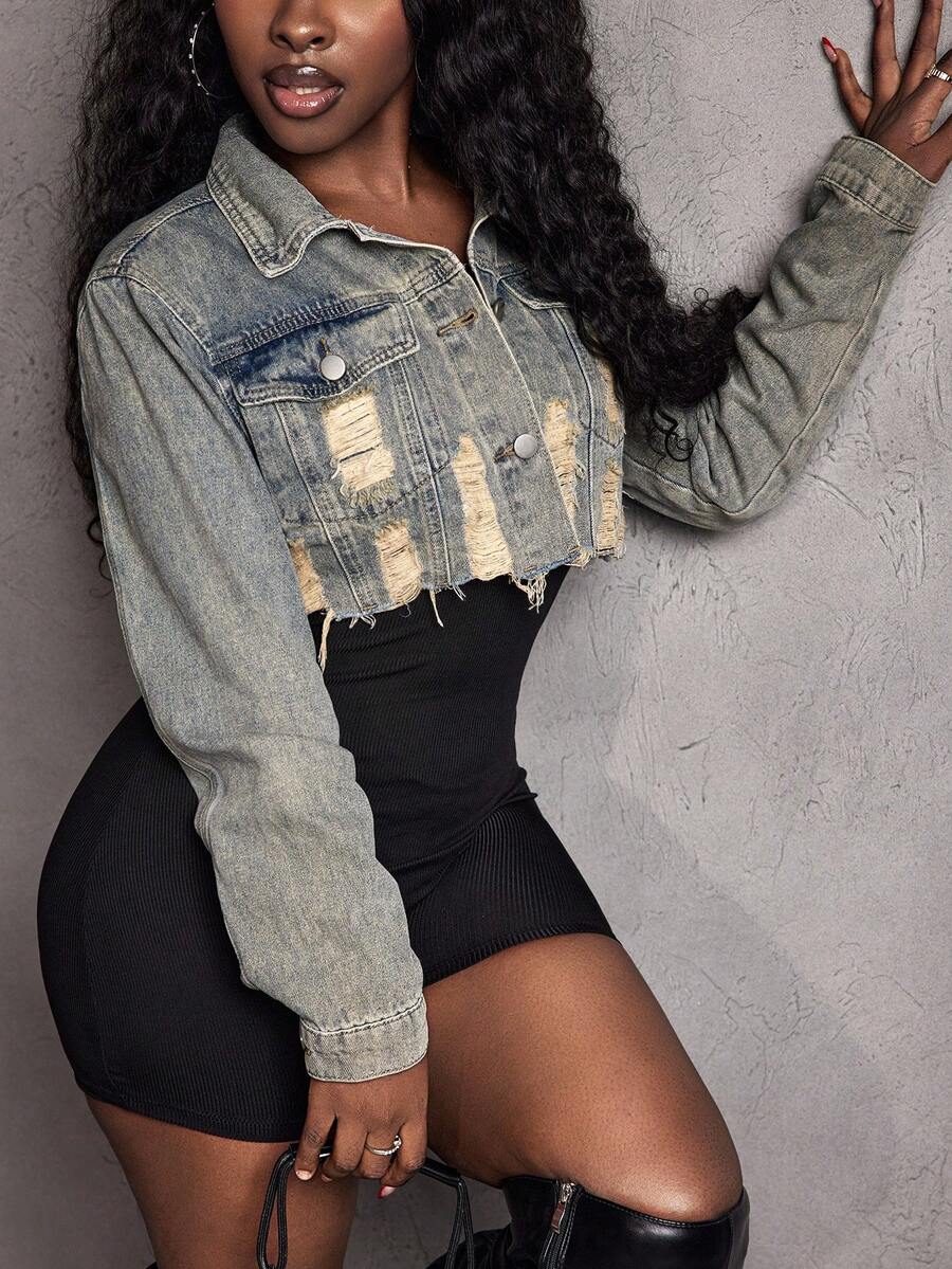 SHEIN PETITE Áo khoác denim ngắn tay rách một hàng khuy đơn dành cho nữ, mùa thu - Màu xanh lam - Xem 1