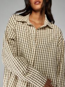 MISSGUIDED Bộ đồ vải lanh kẻ caro màu nâu be, quần ống rộng Palazzo, áo sơ mi cài nút cỡ lớn, trang phục thường ngày thu đông hai mảnh - xanh quân đội - Xem 5