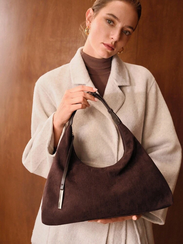 SOLID SUEDE OVERSIZED BUCKET SHOULDER BAG, PERFECTLY MATCHING WITH FALL OUTFITS WOMEN