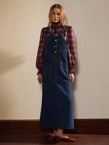 Écloséra Women's Button Half-Placket Pocket Casual Denim Pinafore Dress - Blue - View 3