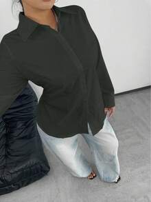 POPSWAY 大码女式休闲/办公室纯色长袖衬衫 - 深灰色 - 查看 4