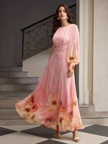 ZEYLAH Printed Long Pleated Waist Cinched Autumn/Winter Dress - Multicolor - View 4