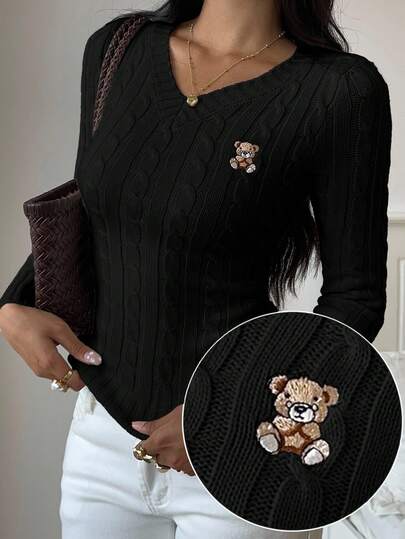 SHEIN EZwear Women's Cartoon Bear Pattern V-Neck Long Sleeve Sweater, Autumn/Winter Cute Long Sleeve Tops Knitted Tops For Women,Fall Cute Black Tops Black Long Sleeve Knitted Tops