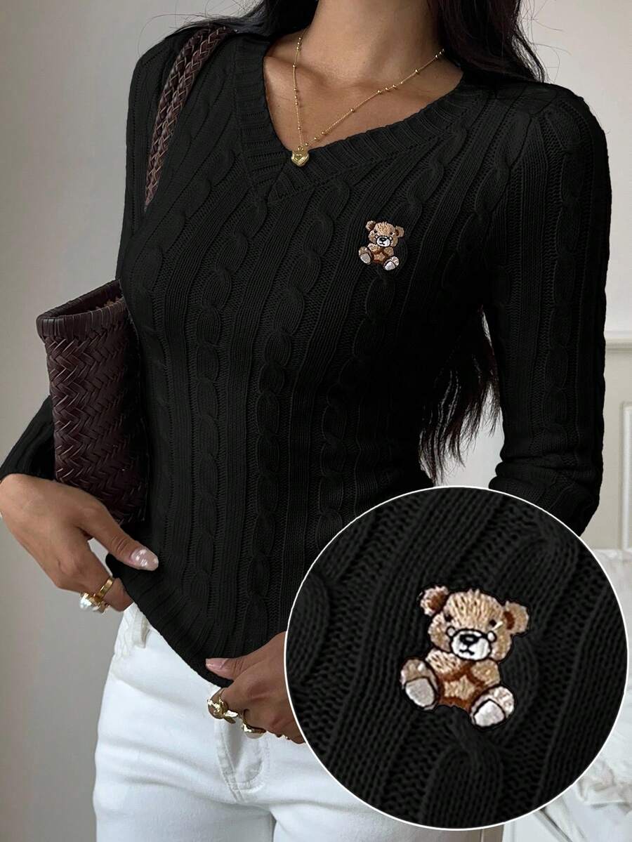 SHEIN EZwear Women's Cartoon Bear Pattern V-Neck Long Sleeve Sweater, Autumn/Winter Cute Long Sleeve Tops Knitted Tops For Women,Fall Cute Black Tops Black Long Sleeve Knitted Tops - Black - View 1