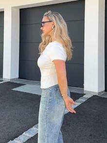 Jeta Ari Ribbed Crew Neck Button Through Short Sleeve T-Shirt Spring Summer Cute Everyday Airport Holiday Fall Back To School Autumn Winter - Beige - View 4