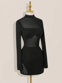 SHEIN ICON Mesh Patchwork Sheer Ruched Long Sleeve Mini Dress