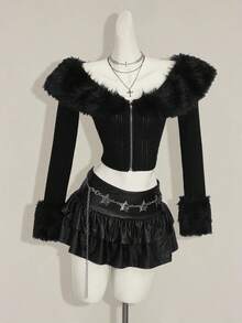 SHEIN ICON 女士波点仿皮草拼布休闲夹克，秋冬 - 彩色 - 查看 3