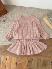 SHEIN LMoss Kids LMoss 女婴 Babygirl 两件套卡其色长袖毛衣和松紧腰荷叶边下摆短裙套装，秋冬