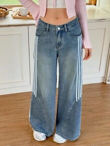 Rivivi Retro American Striped Wide Leg Jeans