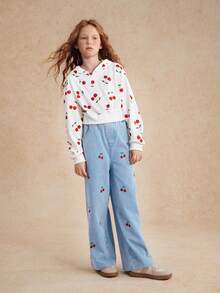 SHEIN Girls Casual Fashion Denim Jeans 1 Piece Knit Comfortable Embroidered Cherry Pattern Cute Outdoor Classic Embroidery Set Fall Winter - Multicolor - View 3