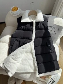 1 件青少年女孩无袖长款夹棉外套，面料柔软舒适，适合上学、户外、秋冬季各种场合 - 黑色 - 查看 8