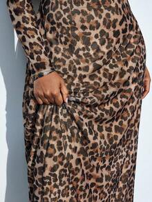 Maija Plus Size Women's Elegant Brown Leopard Print Maxi Dress, Autumn High Waist A-Line Fitted Gown,Night Out Club Party Holiday Vacation Outfit - Multicolor - View 7