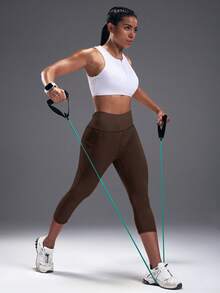 Powerista Women's Brown High Waist Workout Leggings With Pockets - Coffee Brown - View 3