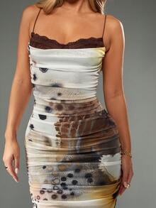 MISSGUIDED Vestido midi elegante de malla fruncida con ribete de encaje, estampado abstracto de acuarela, para fiesta de noche, boda o invitado, con tirantes finos y ajuste ceñido - Multicolor - Ver 5