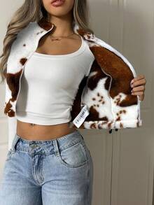 SHEIN EZwear 女式杏色豹纹羊毛无袖拉链夹克，秋季 - 杏色 - 查看 6