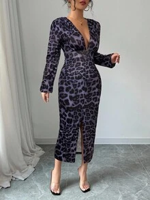 Elenzga Deep V-Neck Ruched Long Sleeve Elastic Cuff Split Hem Bodycon Dress Maxi Women Outfit - Dark Grey - View 6
