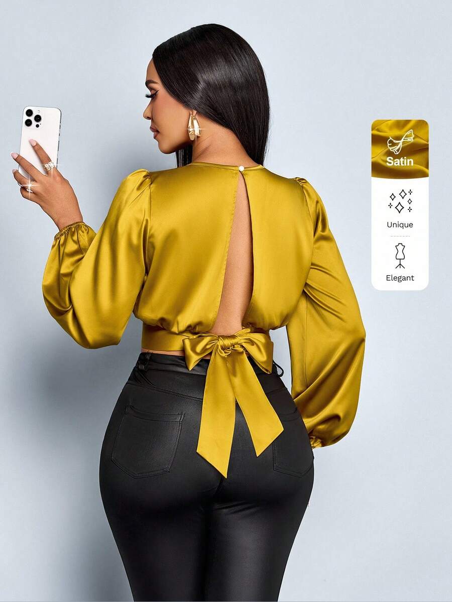SOLERSUN 女士时尚灯笼袖系带缎面衬衫收腰衬衫，冬季服装，秋季，优雅，日常通勤，外出，休闲