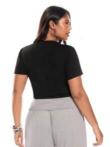 Solavibe 休闲星星和文字印花圆领短袖修身大码女式 T 恤，适合夏季 - 黑色 - 查看 3