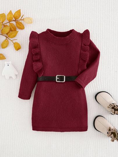 SHEIN Babygirl Khaki Ruffled Hem Long Sleeve Sweater Dress, Casual & Cute, Autumn/Winter Fall