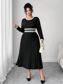 Elenzga Plus Size Women Fitted Elegant Sophisticated Color Block Striped Knit Dress - Black - View 1