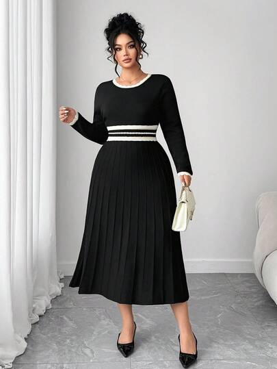 Elenzga Plus Size Women Fitted Elegant Sophisticated Color Block Striped Knit Dress