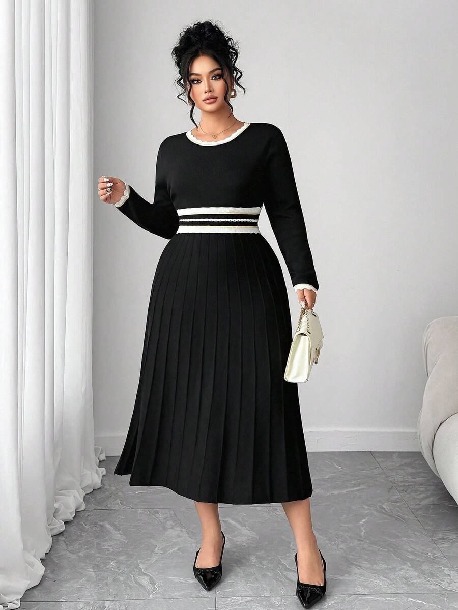 Elenzga Plus Size Women Fitted Elegant Sophisticated Color Block Striped Knit Dress - Black - View 1