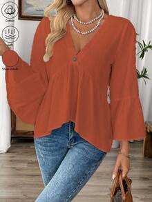 EMERY ROSE 女式休闲V领荷叶边袖衬衫 - 橘色 - 查看 3