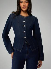 MISSGUIDED Linen Cotton Fitted Denim Button Up Jacket Structured High Fashion Professional Workwear Fall Winter Classic Office Style Casual Outerwear
