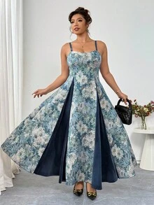 Elenzga Ärmelloses Kleid in Große Größen für Damen, dickgewebtes Kleid mit blauem Samt-Patchwork, 3D Blumen-Ausschnitt-Design, taillierend, A-Linie Silhouette, elegant & anspruchsvoll, vielseitig für Ausflüge und Nachmittagstee, Midi-Länge, Herbst/Winter - Verschiedenfarbig - Übersicht 5