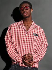 SUMWON Áo sơ mi dáng crop-top cổ điển họa tiết caro đỏ cỡ lớn cài nút, tay dài thường ngày, thêu hình mặt trăng, phong cách Rockabilly cổ điển - Đỏ - Xem 2