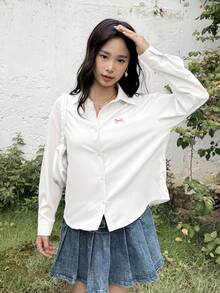 SHEIN Blus Kasual Longgar Nyaman dengan Kerah Bordir dan Pita, Cocok untuk Remaja Putri Kembali ke Sekolah Musim Gugur dan Musim Dingin - Putih - View 3