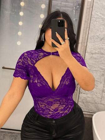 NU&NOW 女式性感修身纯色蕾丝短袖加大码T恤