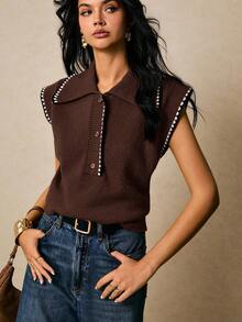 Poéselle 女士休闲宽松针织 Polo 领背心，秋冬 - 棕色 - 查看 5