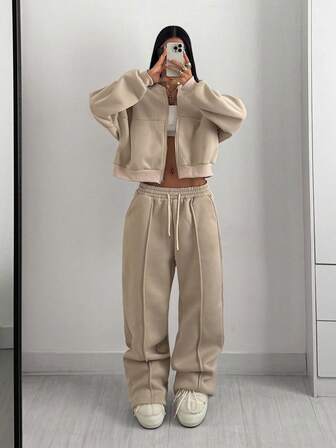 StreetHx Women Street Style Camouflage Maple Leaf Print Zipper Sweatshirt & Pants Set For Autumn/Winter