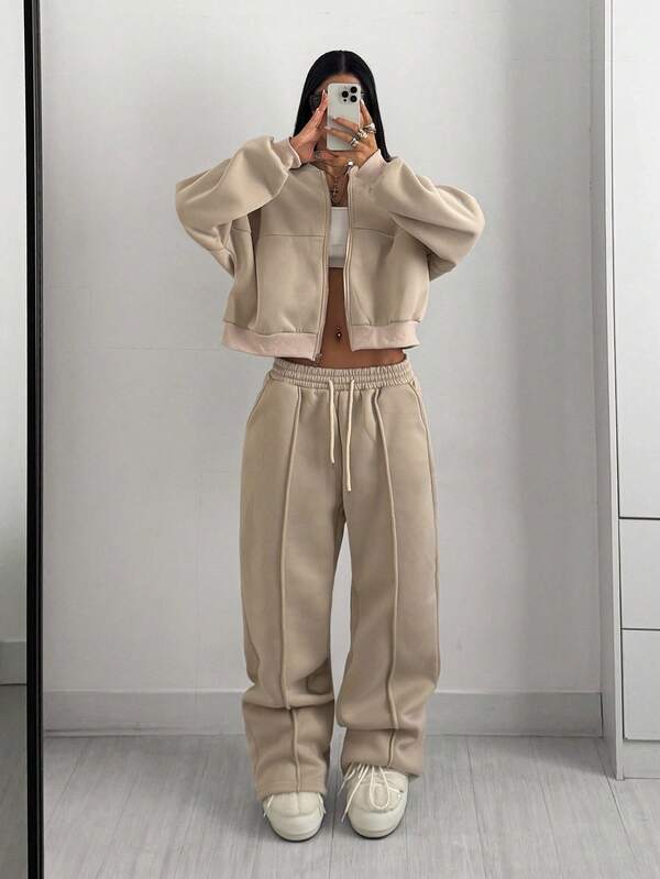 StreetHx Conjunto De Duas Peças De Jaqueta De Baseball Com Zíper Na Frente E Calça Com Cordão Na Cintura Para Mulheres