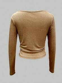 Franclia 全新时尚百搭丝滑奢华女式长袖T恤 - 卡其色 - 查看 2