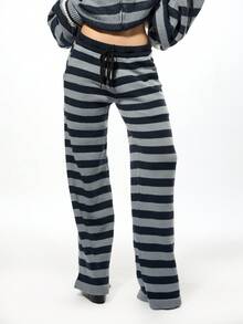 SUMWON WOMEN Quần len ống rộng Varsity có họa tiết chữ đính đinh tán, quần mặc nhà thoải mái, quần mùa đông thoải mái, quần sọc cổ điển - Màu xanh lam - Xem 2