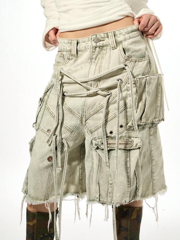 SUMWON WOMEN Wide Leg Denim Cargo Shorts With Lace Up Details