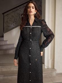 ZEYLAH Vestido feminino de tweed com recortes e patchwork, cintura marcada e corte em A - Preto - Ver 4