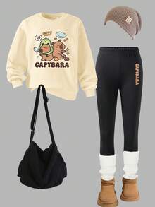 Bộ 2 áo hoodie và quần nỉ cho bé gái tuổi teen, trang phục thường ngày thời trang thu đông, thiết kế họa tiết chuột lang nước dễ thương, áo nỉ cổ tròn tay dài và quần legging, phong cách đa năng - Nhiều màu - Xem 3